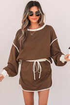Rose Red Color Contrast Loose Pullover and Lace-up Waist Skort Set