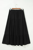 Black Elastic Waist Ruffled Tiered Flared Denim Maxi Skirt