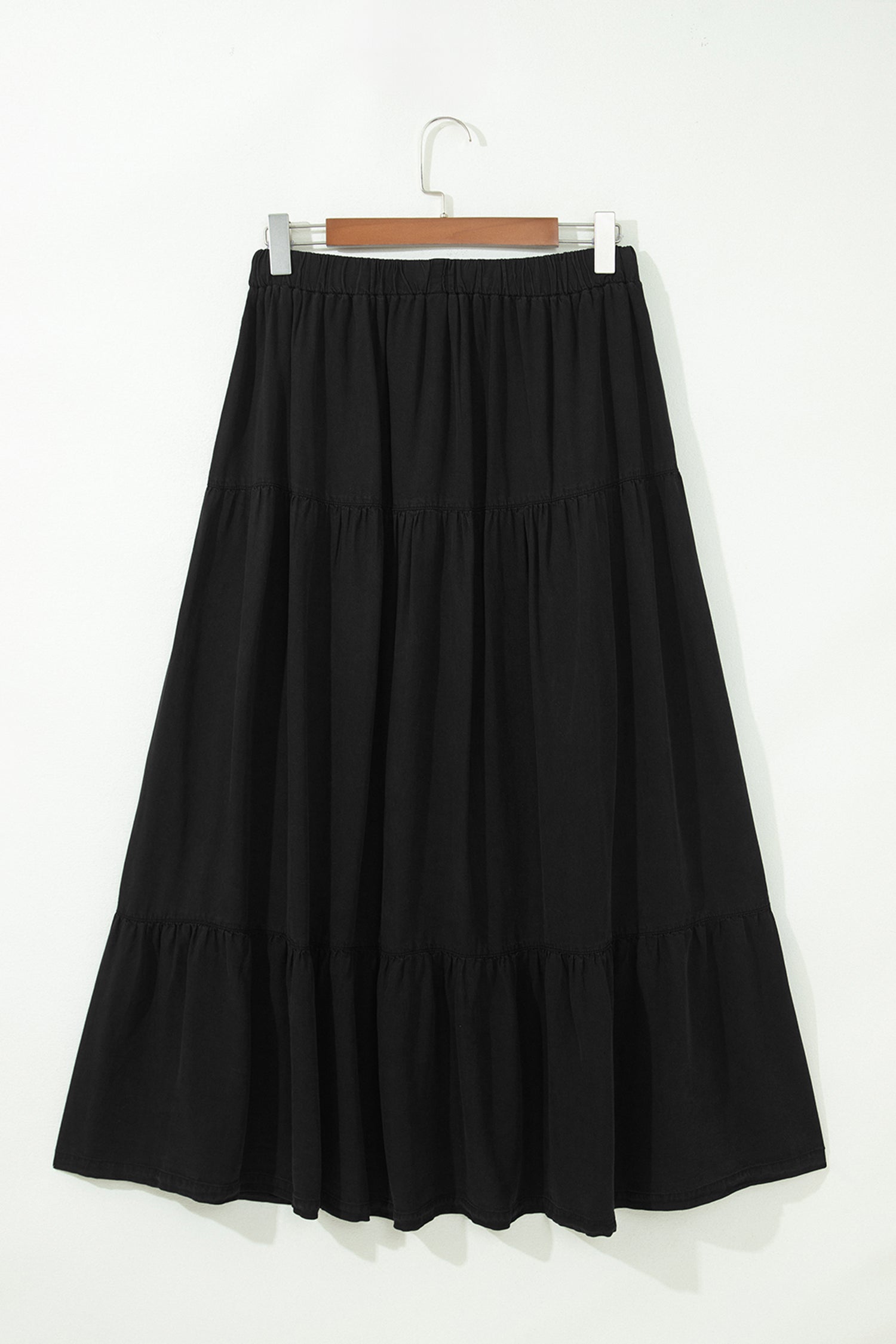 Black Elastic Waist Ruffled Tiered Flared Denim Maxi Skirt