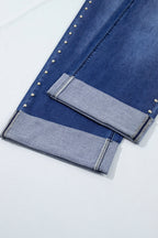 Navy Blue Studded Detail Straight Leg Casual Loose Jeans