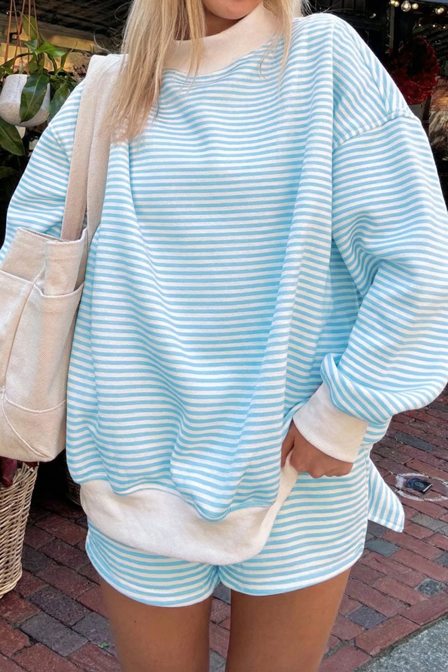 Red Stripe Oversize Mock Neck Sweatshirt and Shorts Set