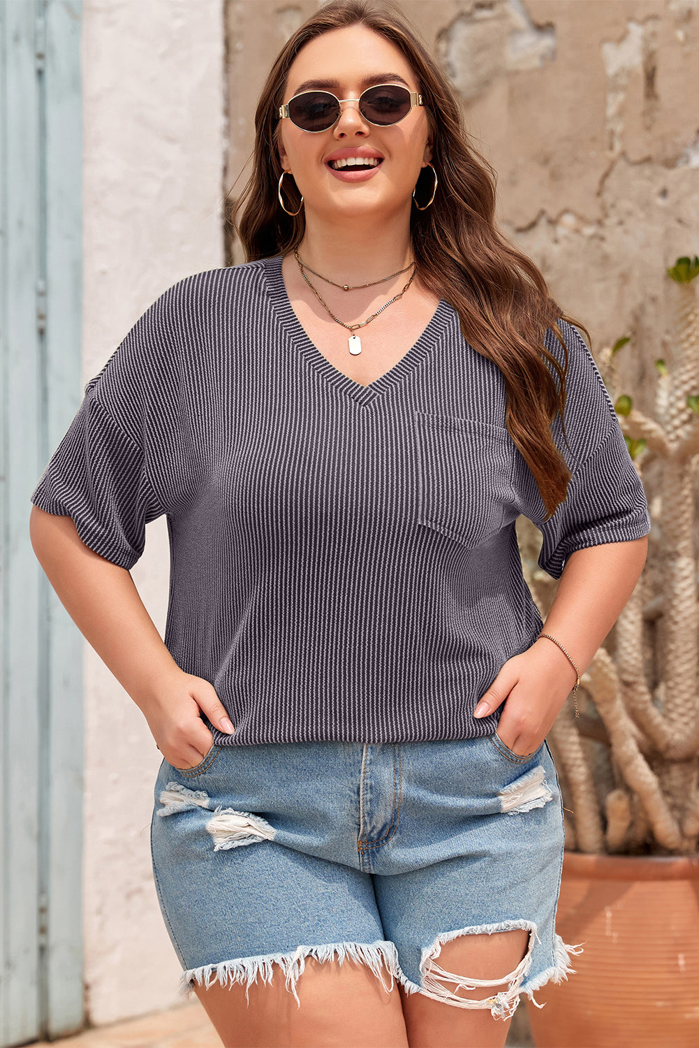 White Textured V-Neck Dropped Shoulder Plus T-Shirt