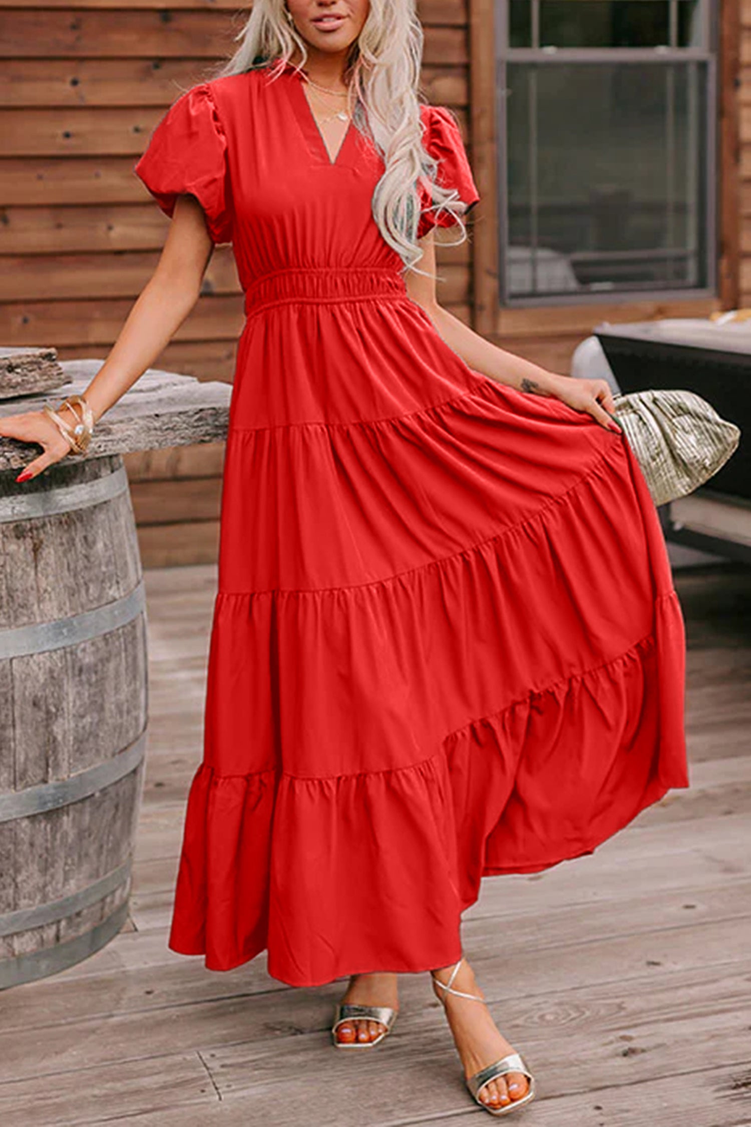 Solid Color V Neck Short Puff Sleeve High Waist Tiered Maxi Dress