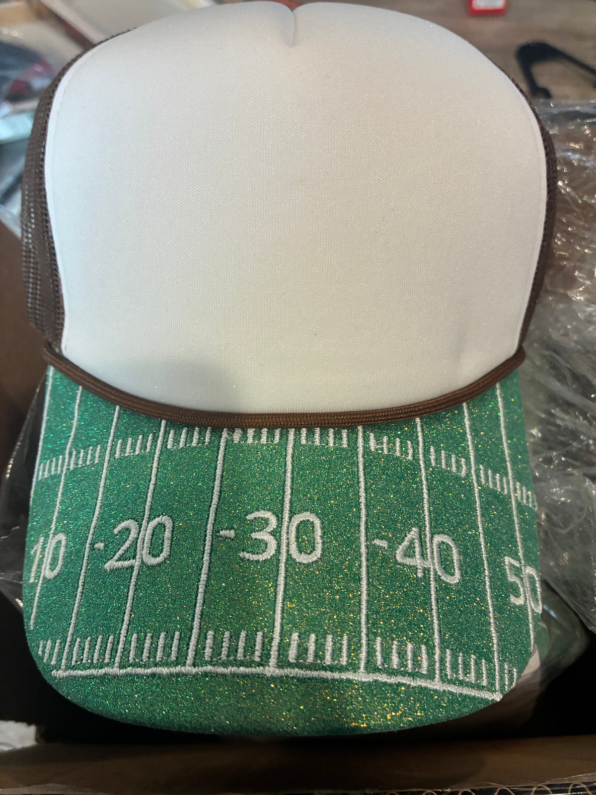Sparkle Bill football hat by Mommas Hive featuring a shiny, sequined brim and classic baseball cap design.