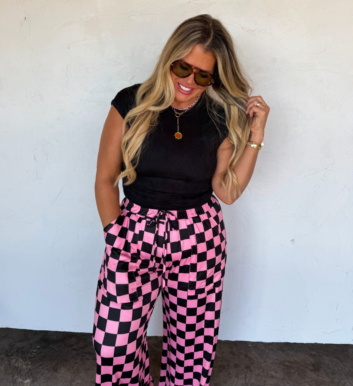 Pink/Black Checkered Wide Leg Pants