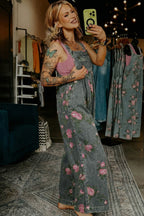 Floral Print Pleated High Waist Wide Leg Denim Jumpsuit
