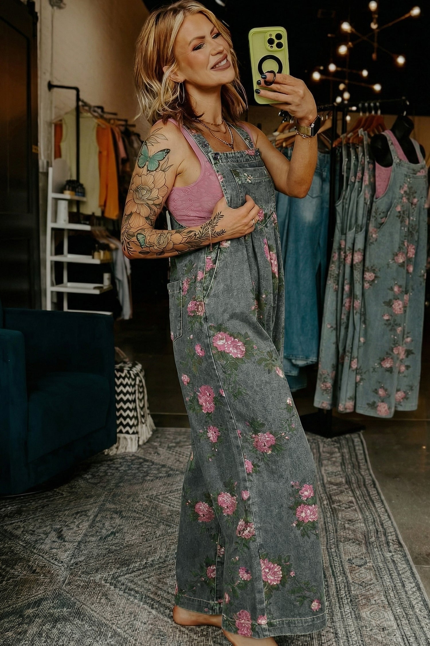 Floral Print Pleated High Waist Wide Leg Denim Jumpsuit