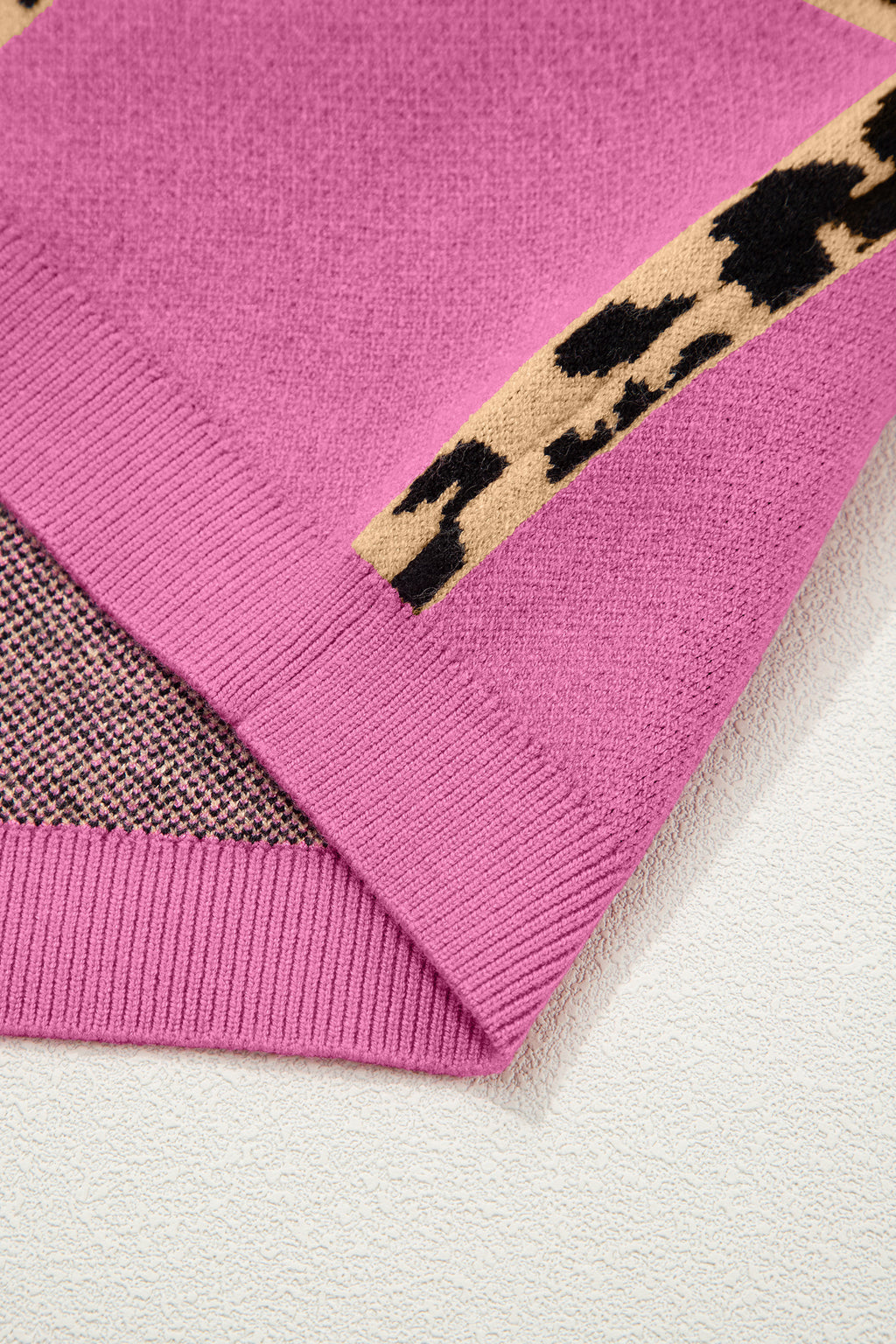 Black Leopard Checkerboard Short Sleeve Knit Sweater