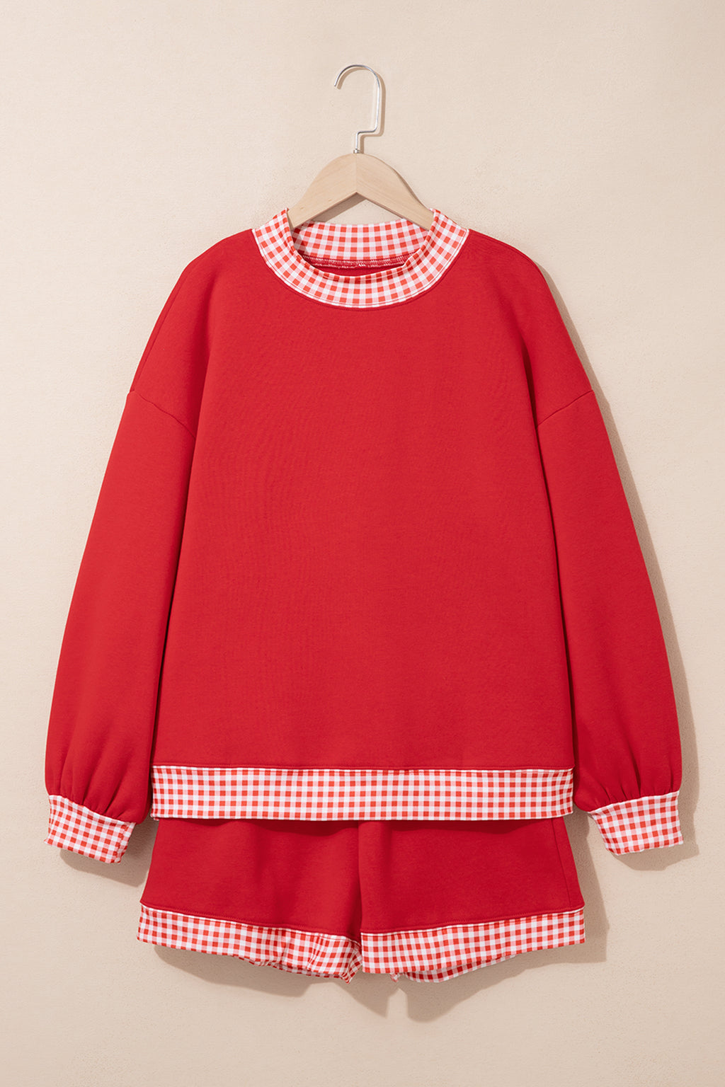 Fiery Red Gingham Trim Baggy Pullover 2pcs Short Set