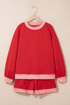 Fiery Red Gingham Trim Baggy Pullover 2pcs Short Set