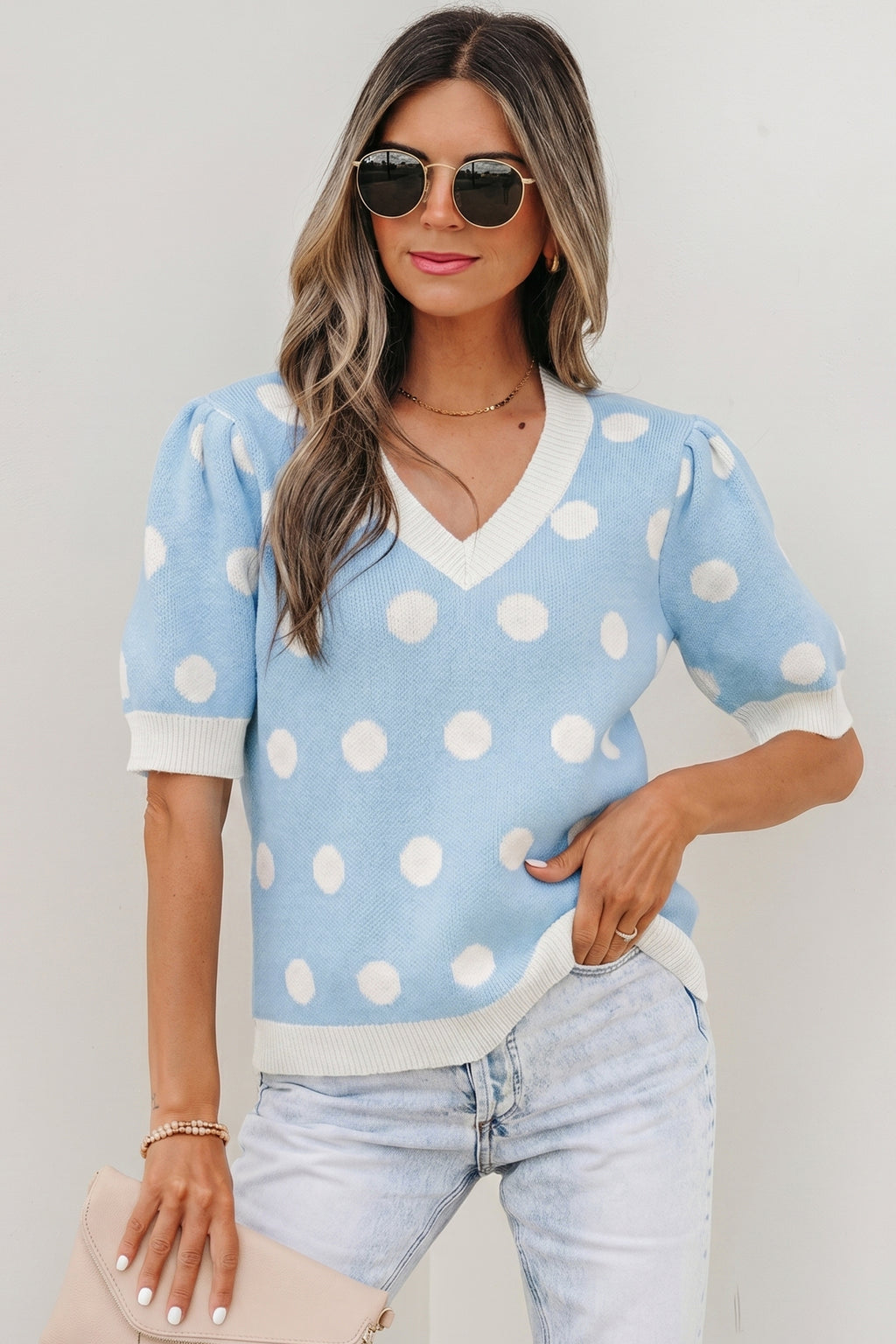 Rose Red Polka Dot Puff Short Sleeve Sweater Top