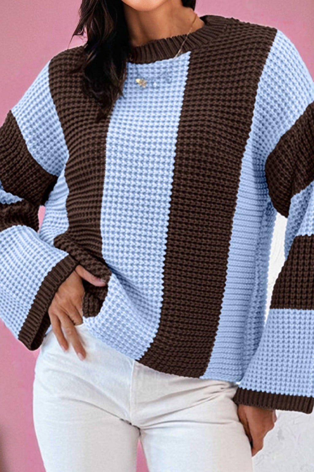 Fushia Striped Color Block Thermal Textured Knit Drop Shoulder Sweater
