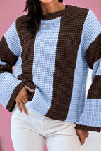 Fushia Striped Color Block Thermal Textured Knit Drop Shoulder Sweater