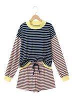Blue Stripe Color Block Long Sleeve Pullover Ribbed Knit Casual Shorts Set