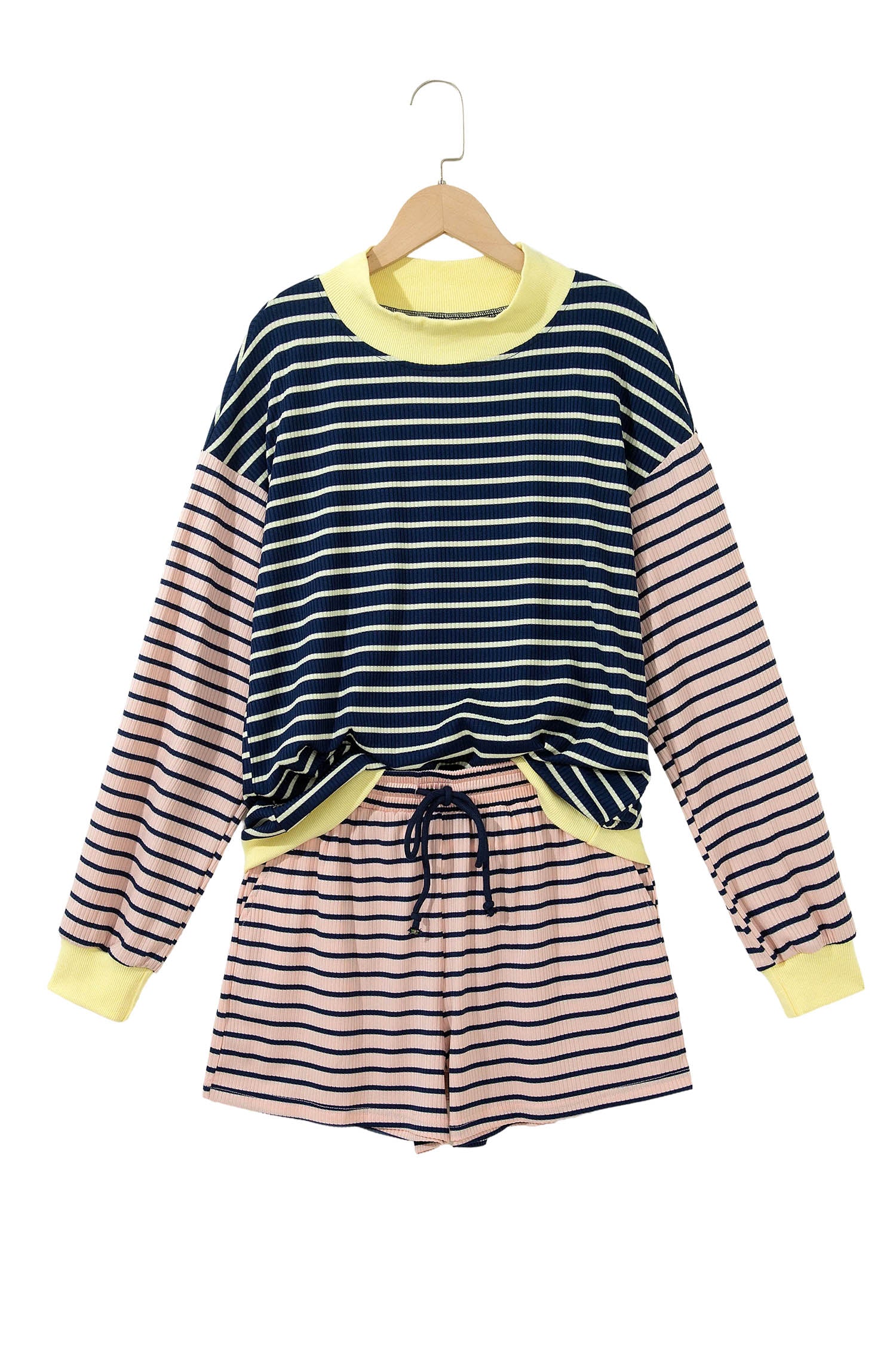 Blue Stripe Color Block Long Sleeve Pullover Ribbed Knit Casual Shorts Set