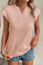 Apricot Wavy Textured Button V Neck Tee