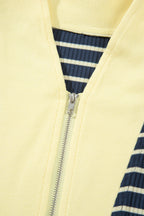 Blue stripe color block patchwork zip V-neck pullover and loose pants two-piece set by Dear-Lover, casual stylish outfit.