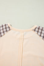 Beige Plaid Floral Peace Heart Graphic Wide Long Sleeve Top