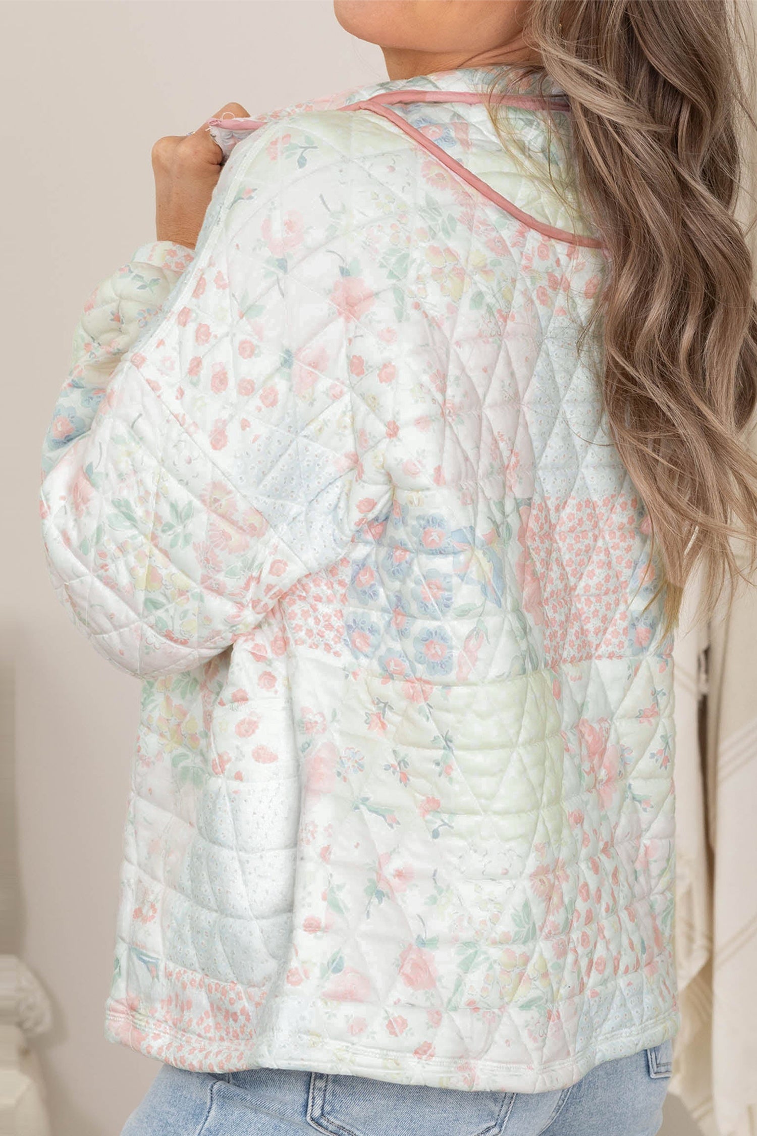 Multicolour Floral Quilted Metal Zipper Collar Long Sleeve Sweatshirt
