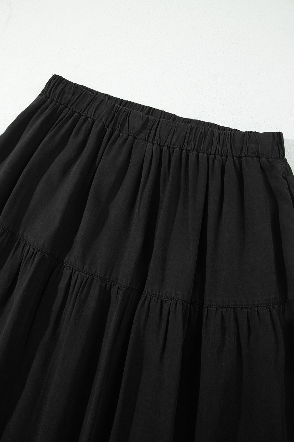 Black Elastic Waist Ruffled Tiered Flared Denim Maxi Skirt