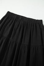 Black Elastic Waist Ruffled Tiered Flared Denim Maxi Skirt