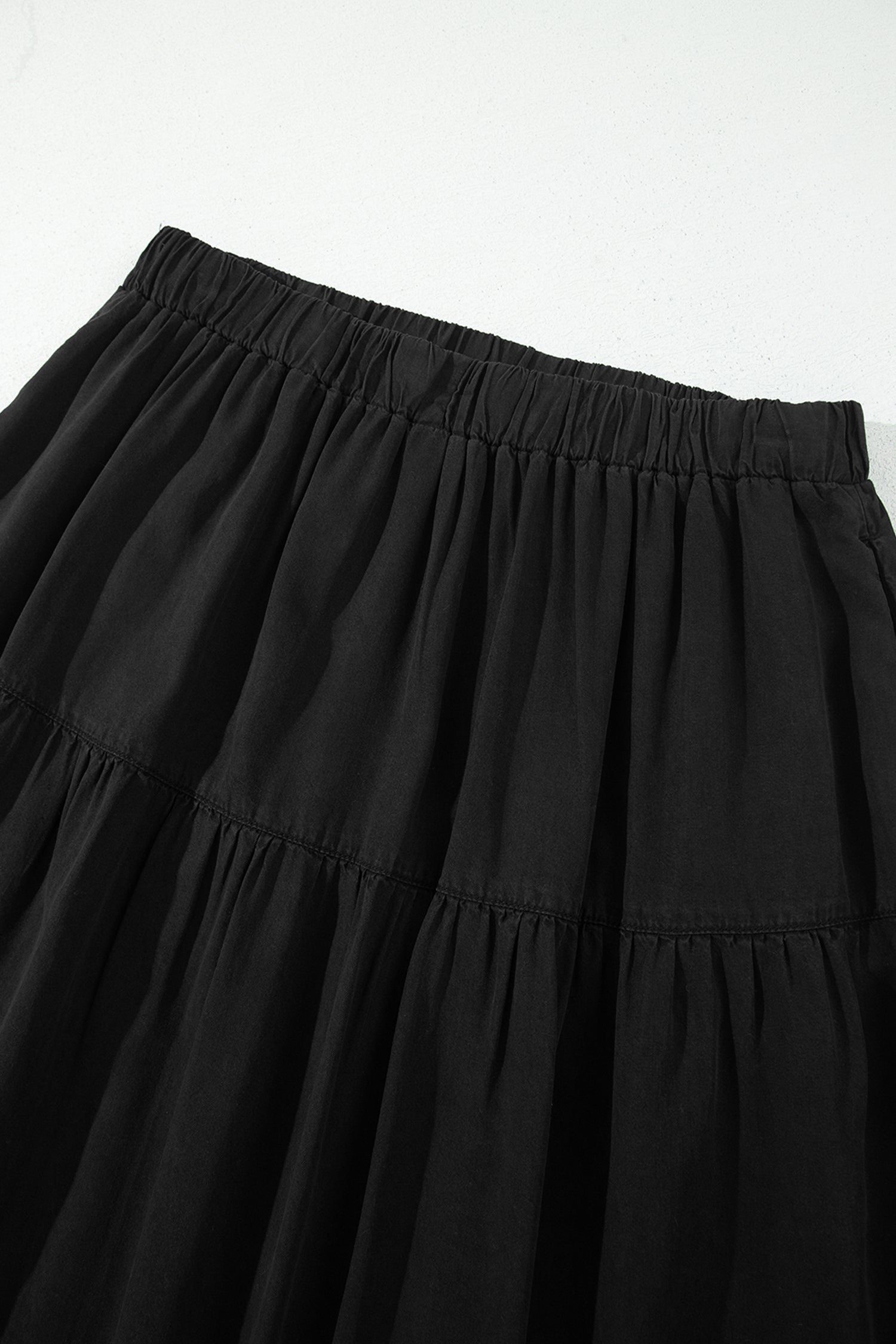 Black Elastic Waist Ruffled Tiered Flared Denim Maxi Skirt