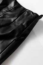 Black Faux Leather Retro Buckle Detail Pleated Stitch Flared Midi Skirt