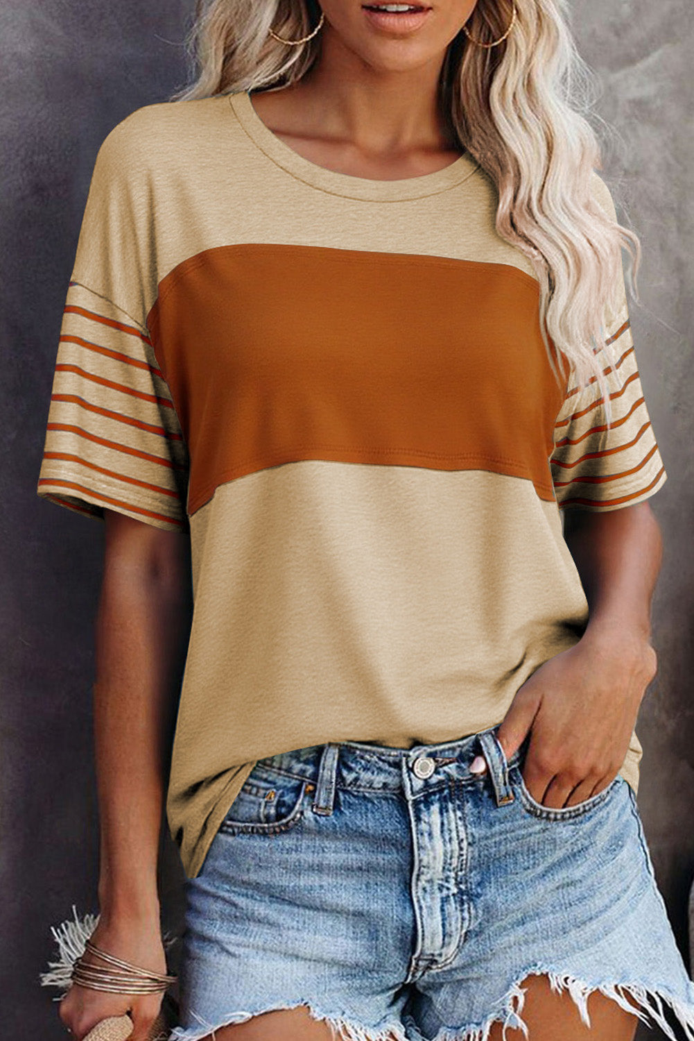 Red Dahlia Color Block Striped Detail Loose T Shirt