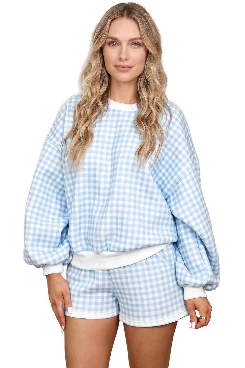 Sky Blue Plaid Baggy Pullover Drawstring Casual Shorts 2pcs Outfit