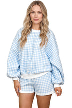 Sky Blue Plaid Baggy Pullover Drawstring Casual Shorts 2pcs Outfit