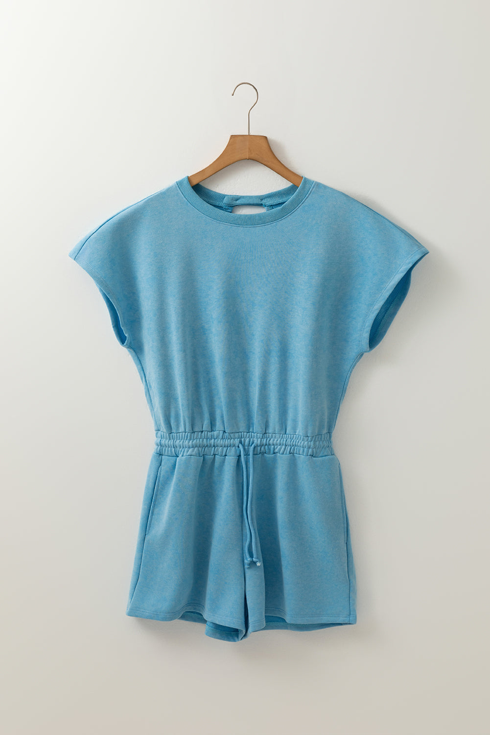 Mineral Wash Drawstring Elastic Waistband Hollow Out Back Short Sleeve Romper
