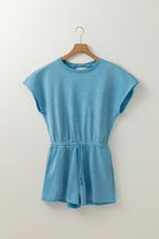 Mineral Wash Drawstring Elastic Waistband Hollow Out Back Short Sleeve Romper