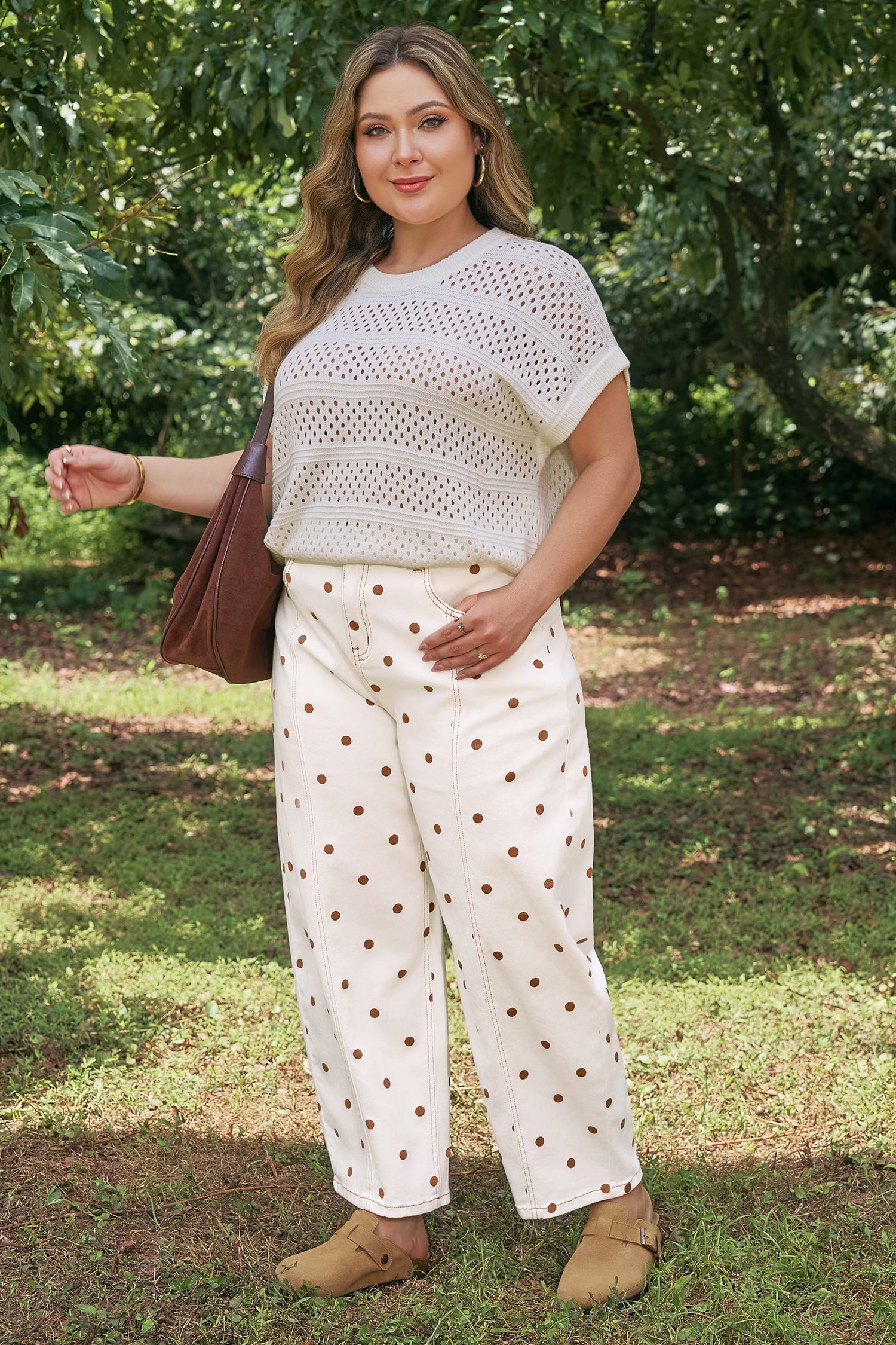 Beige Polka Dot Print Plus Size Barrel Jeans