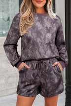 Woodland Camo Print Baggy Pullover Drawstring Shorts Set