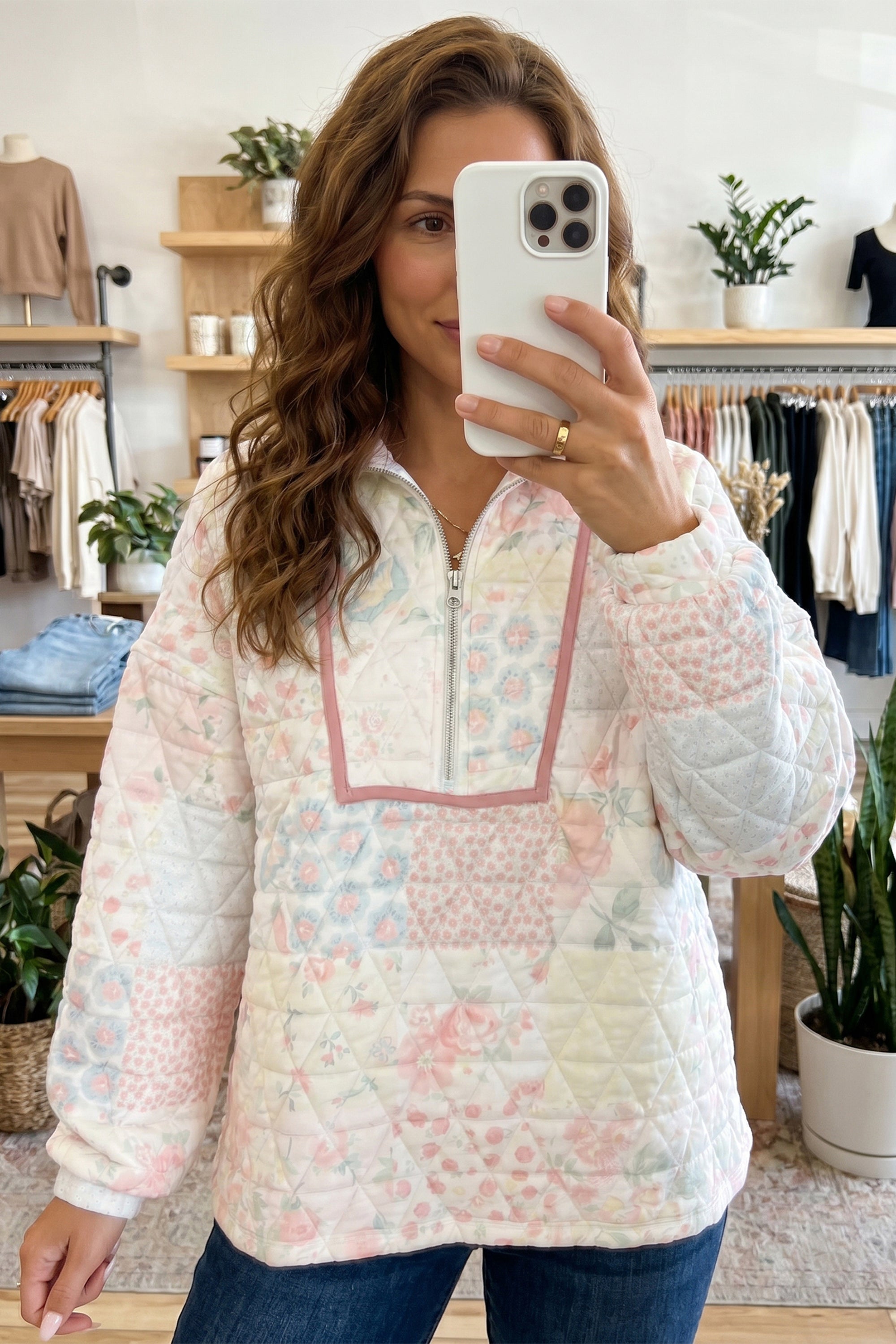 Multicolour Floral Quilted Metal Zipper Collar Long Sleeve Sweatshirt