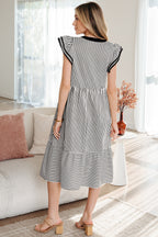 Green Stripe Double Ruffled Short Sleeve Contrast Trim V Neck Midi Dress