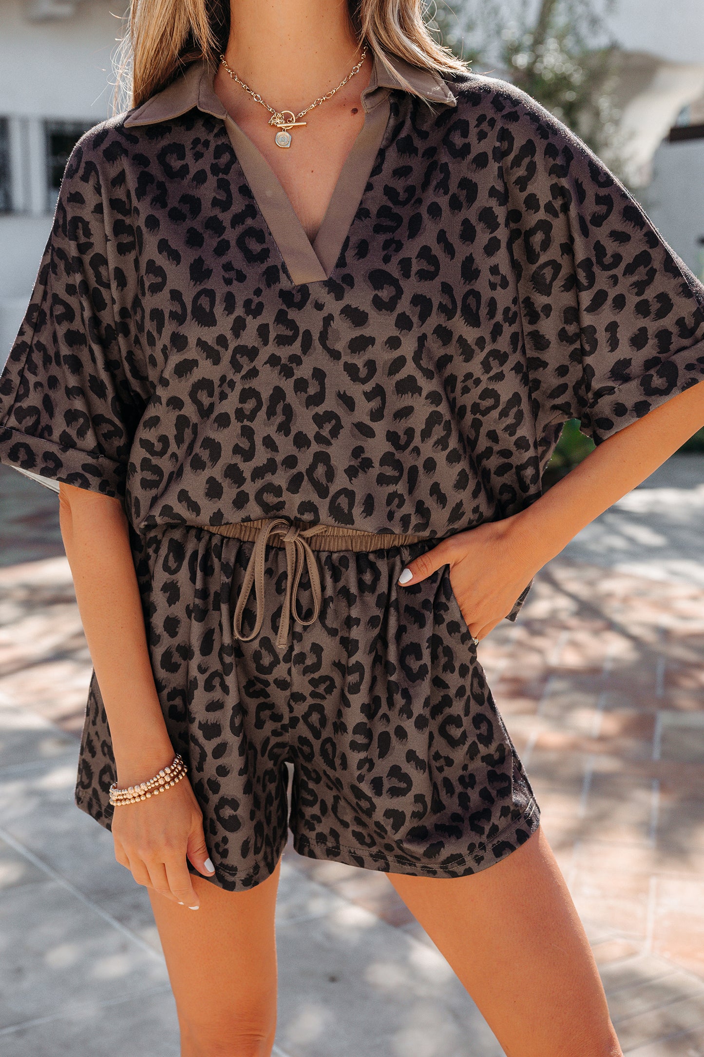 Brown V Neck Collar Leopard Printed 2pcs Short Set