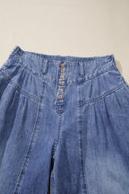 Dusk Blue High Rise Buttons Pleated Cropped Wide Leg Denim Pants