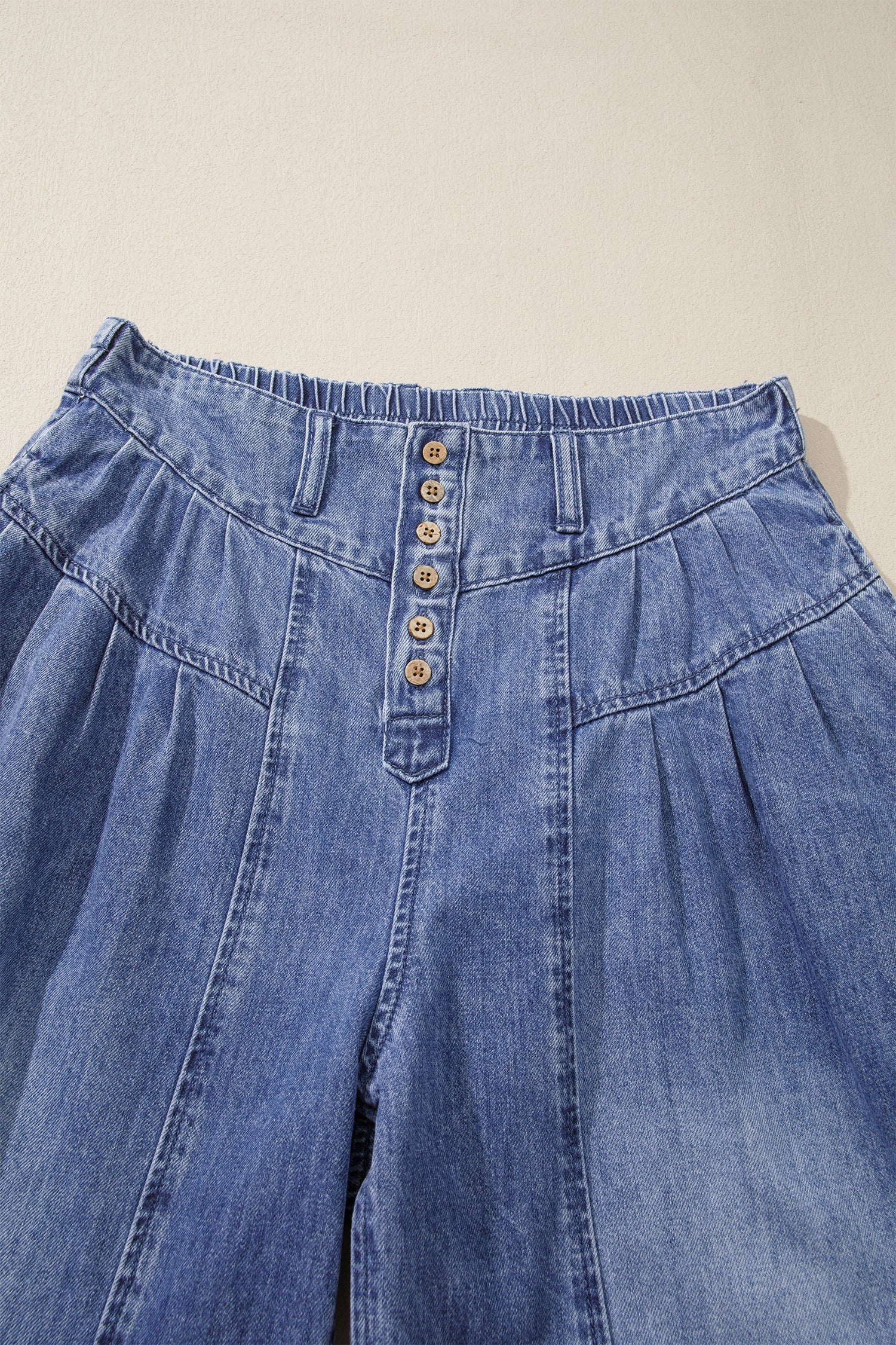 Dusk Blue High Rise Buttons Pleated Cropped Wide Leg Denim Pants