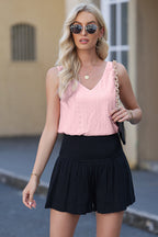 Light Pink Eyelet Knit Patterned Loose V Neck Tank Top