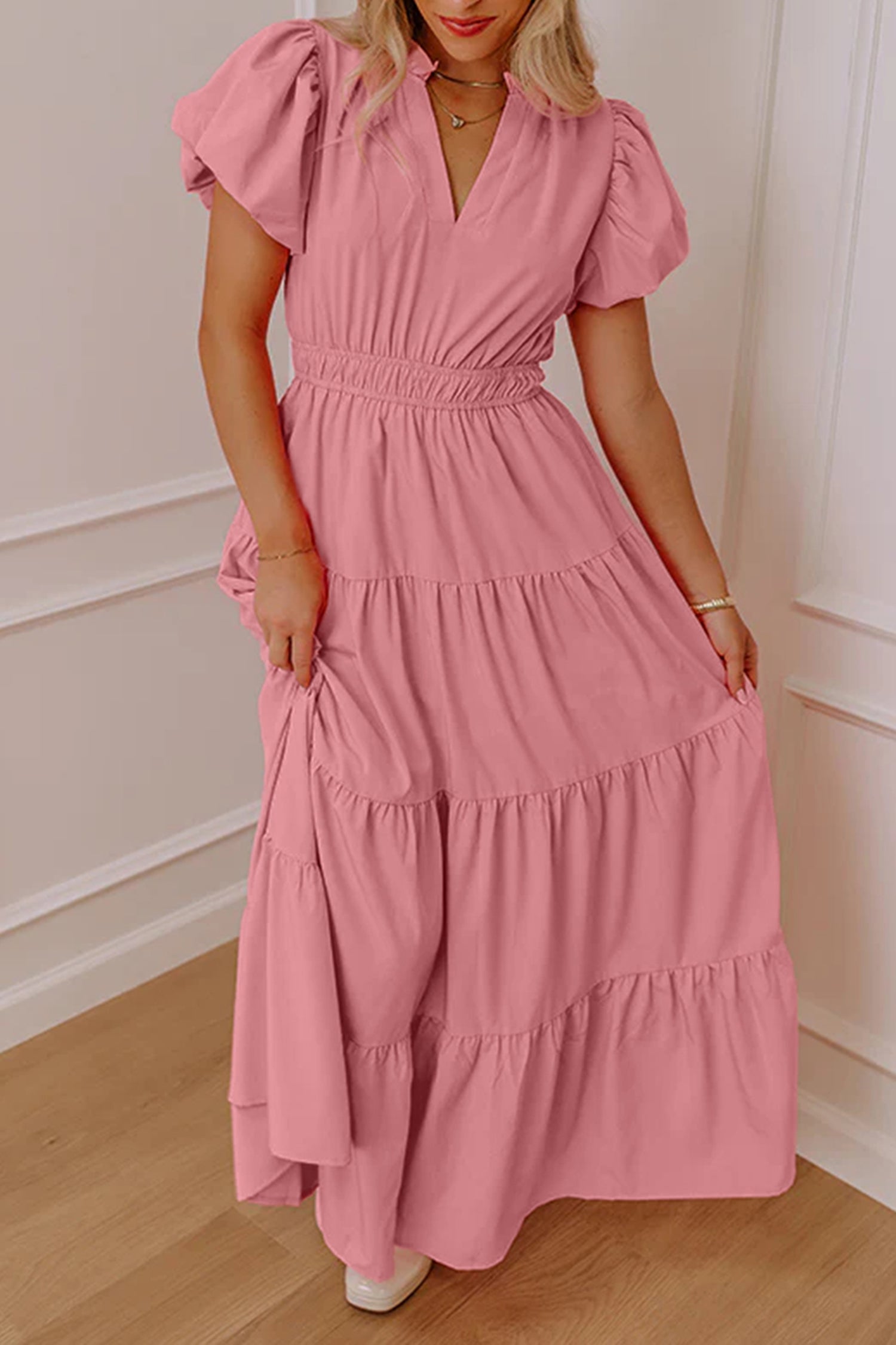 Solid Color V Neck Short Puff Sleeve High Waist Tiered Maxi Dress