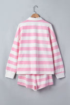 Pink Stripe Patchwork Zipper Pullover Elastic Waist Shorts 2pcs Set
