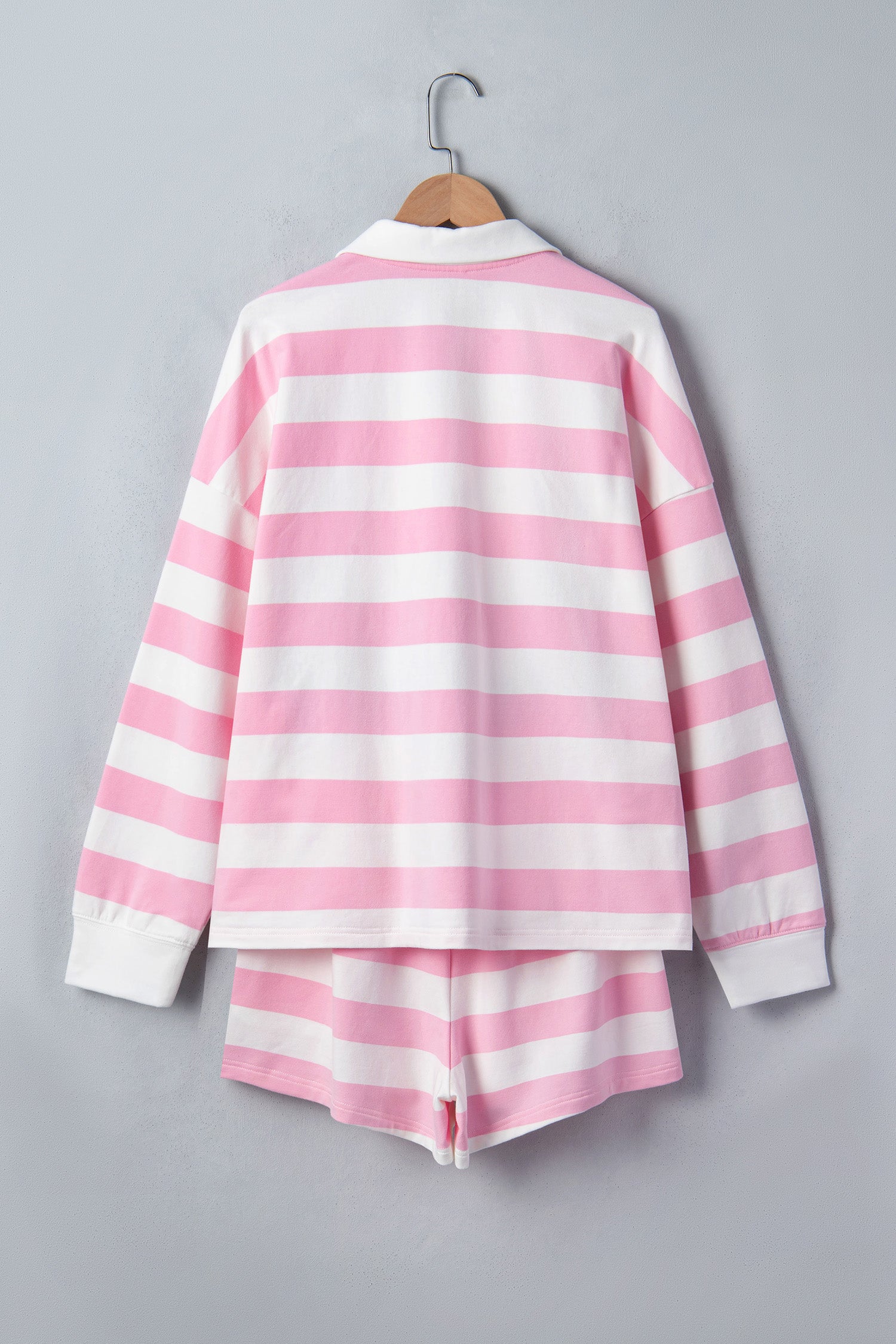 Pink Stripe Patchwork Zipper Pullover Elastic Waist Shorts 2pcs Set