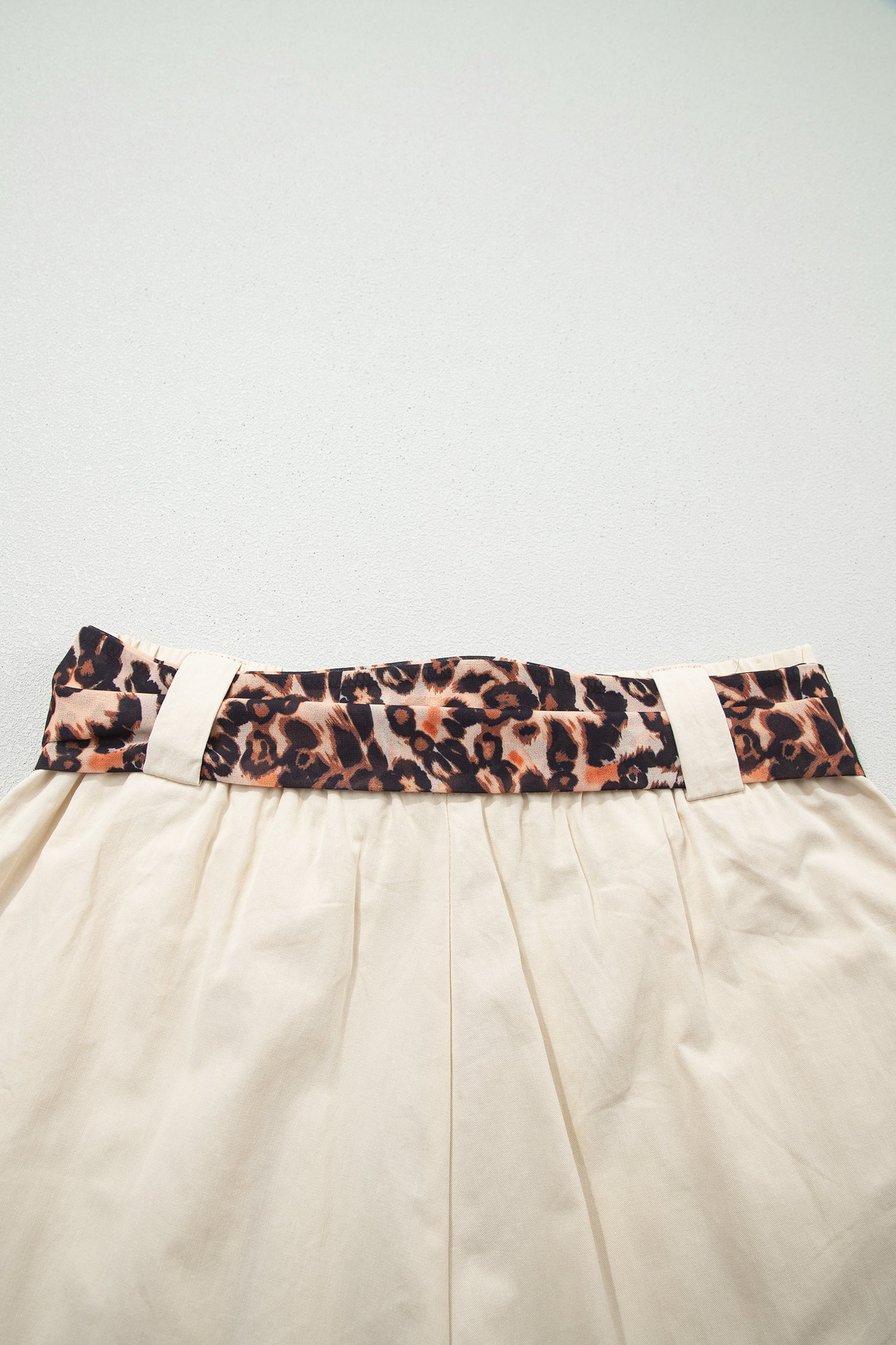 Oatmeal Leopard Contrast Sash Belt Pleated Wide Leg Shorts