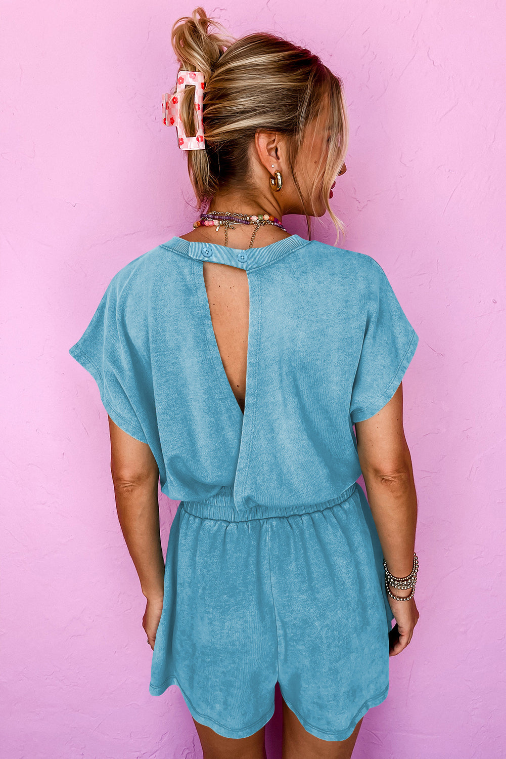 Mineral Wash Drawstring Elastic Waistband Hollow Out Back Short Sleeve Romper