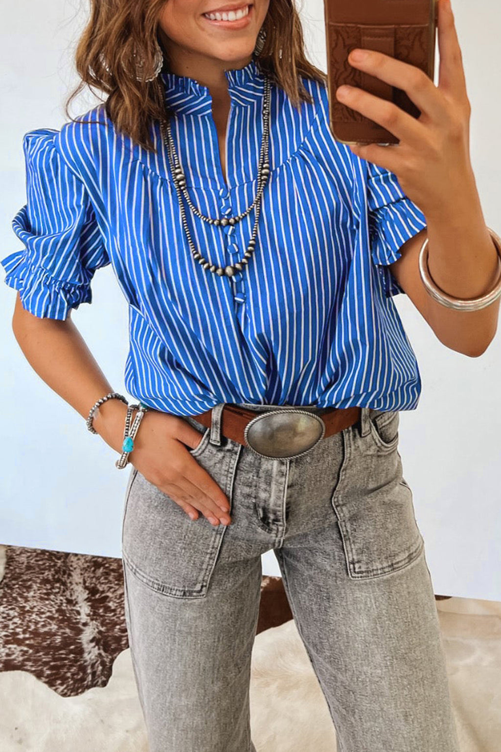 Stripe Ruffled Short Puff Sleeve Button Front Blouse