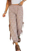 Chestnut Plaid Print Elastic Waist Bow Tie Contrast Detail Jogger Pants