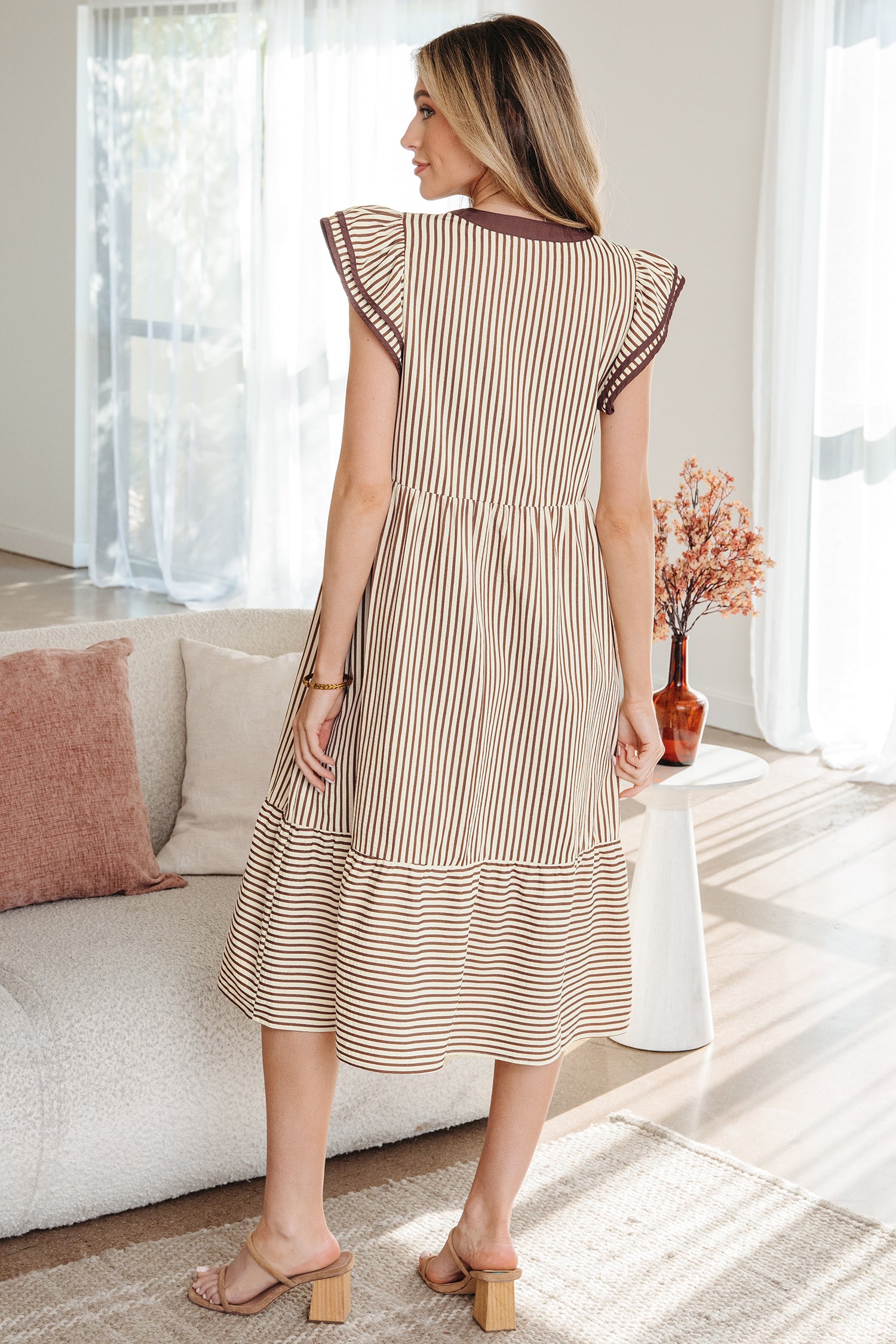 Green Stripe Double Ruffled Short Sleeve Contrast Trim V Neck Midi Dress