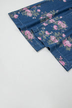 Blue Retro Floral Print Tie Elastic Waist Button Pintuck Wide Leg Jeans