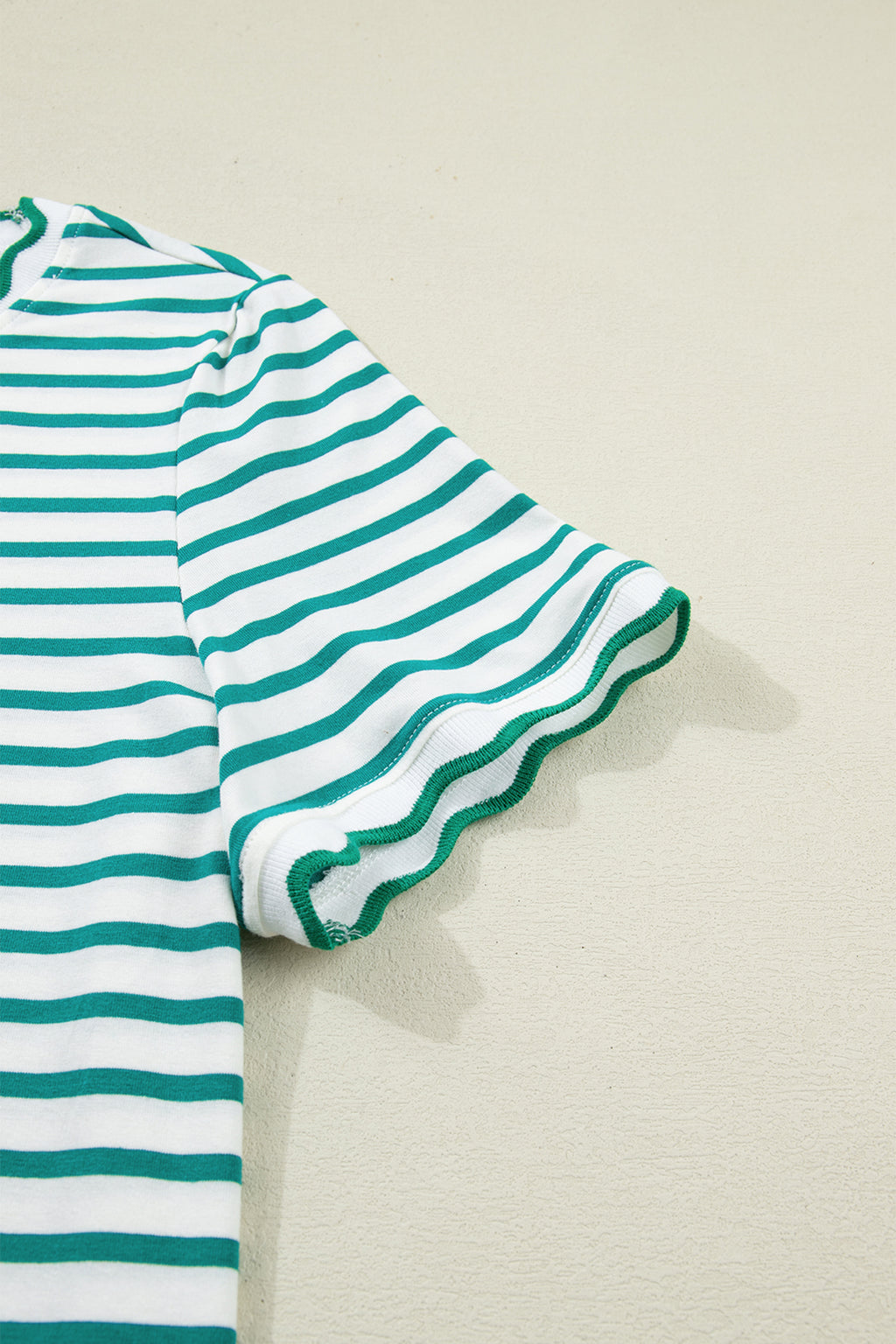Black Stripe Scalloped Trim Round Neck T Shirt
